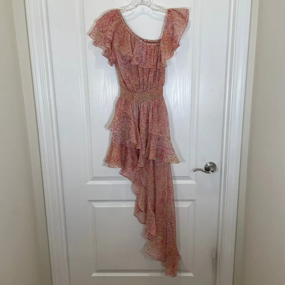Misa Los Angeles Revolve Gisele Dress Asymmetric‎ Floral Ruffles Pink Fairy XS